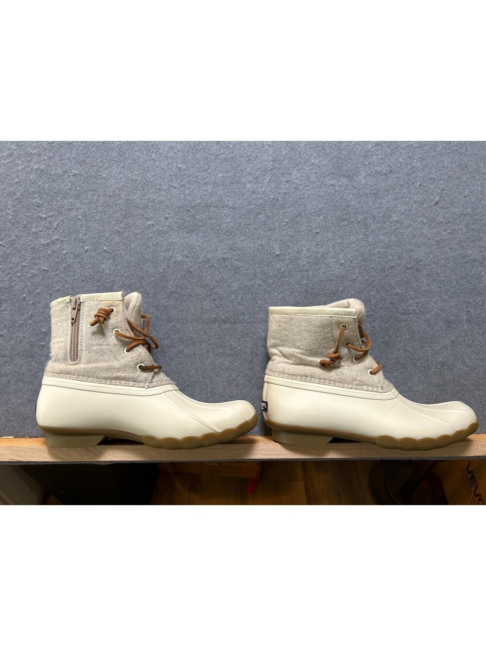 Sperry Saltwater Girls Size 5M Duck Boots Cream Wool Side Zip Rain Winter